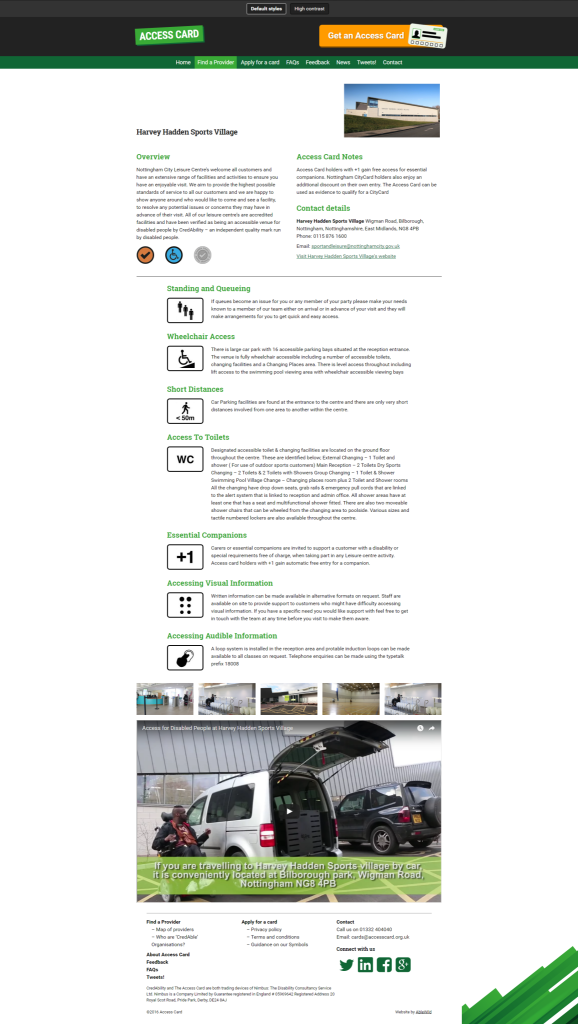 Access Card information screen for Harvey Hadden Sports Village - showing lots of rich information about the accessibility of the Nottingham City Council venue
